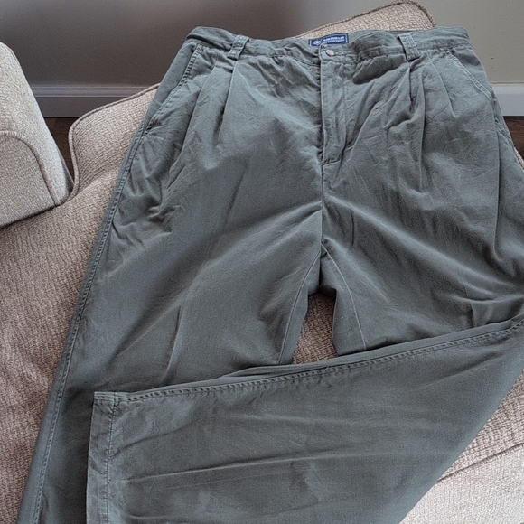 Green Chino Khakis with Pleated Waist and Relaxed Fit - Picture 1 of 5